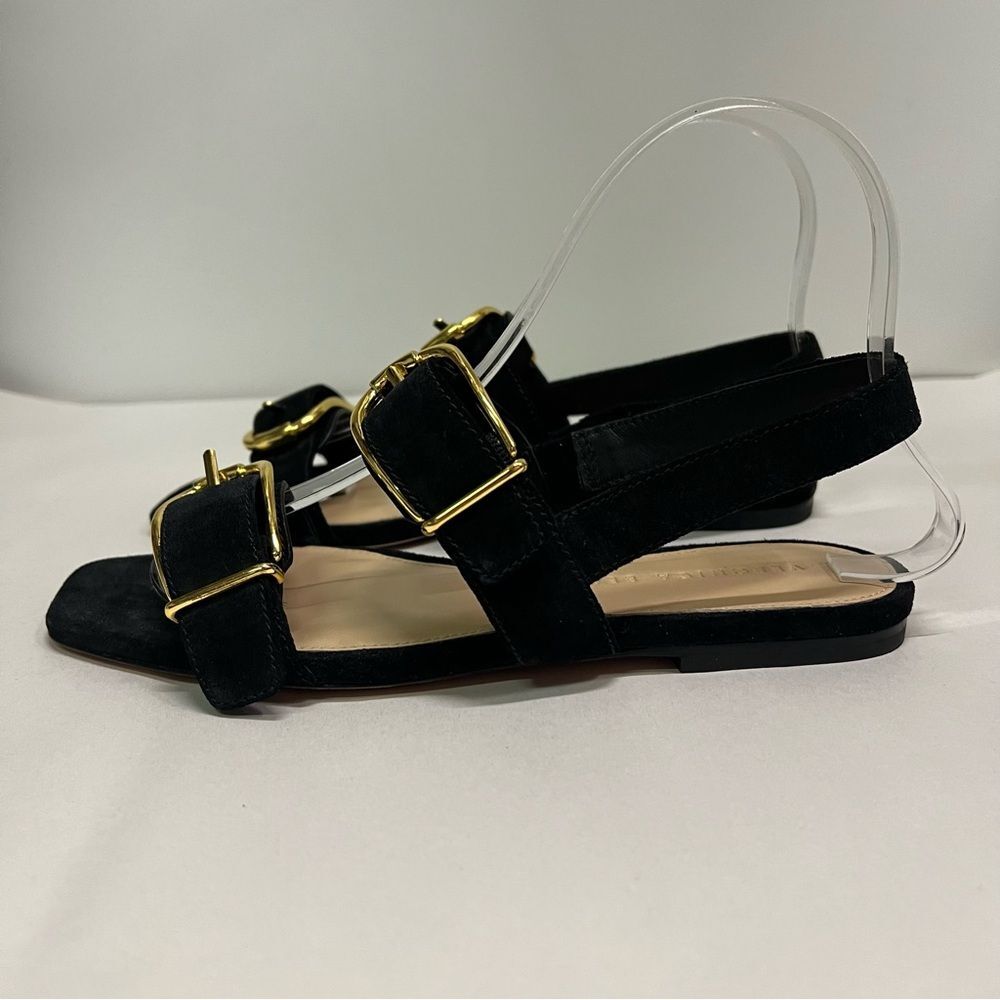 Veronica Beard Black Suede Slingback Sandals with Gold Buckles - Picture 7 of 10